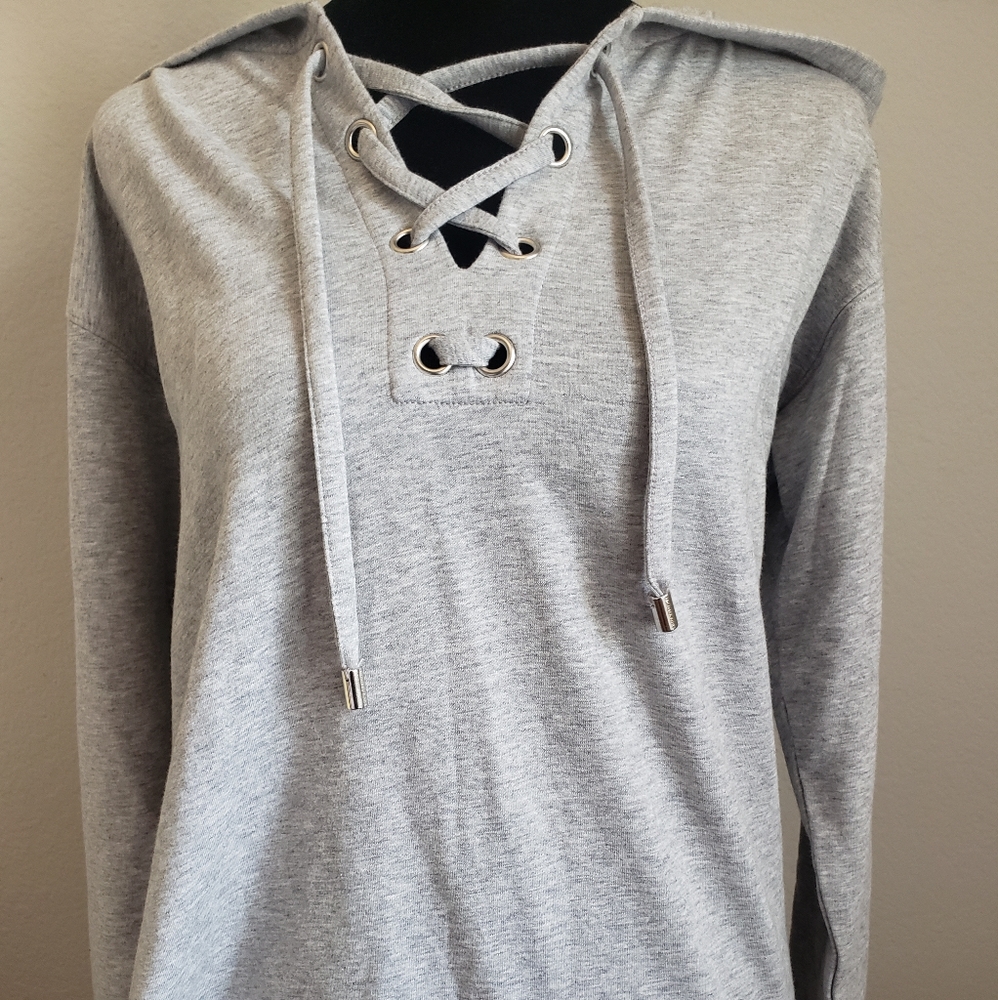 NWT Michael Kors Pearl Heather Hoodie MK Logo Gray Pullover Long Sleeve Top Cozy